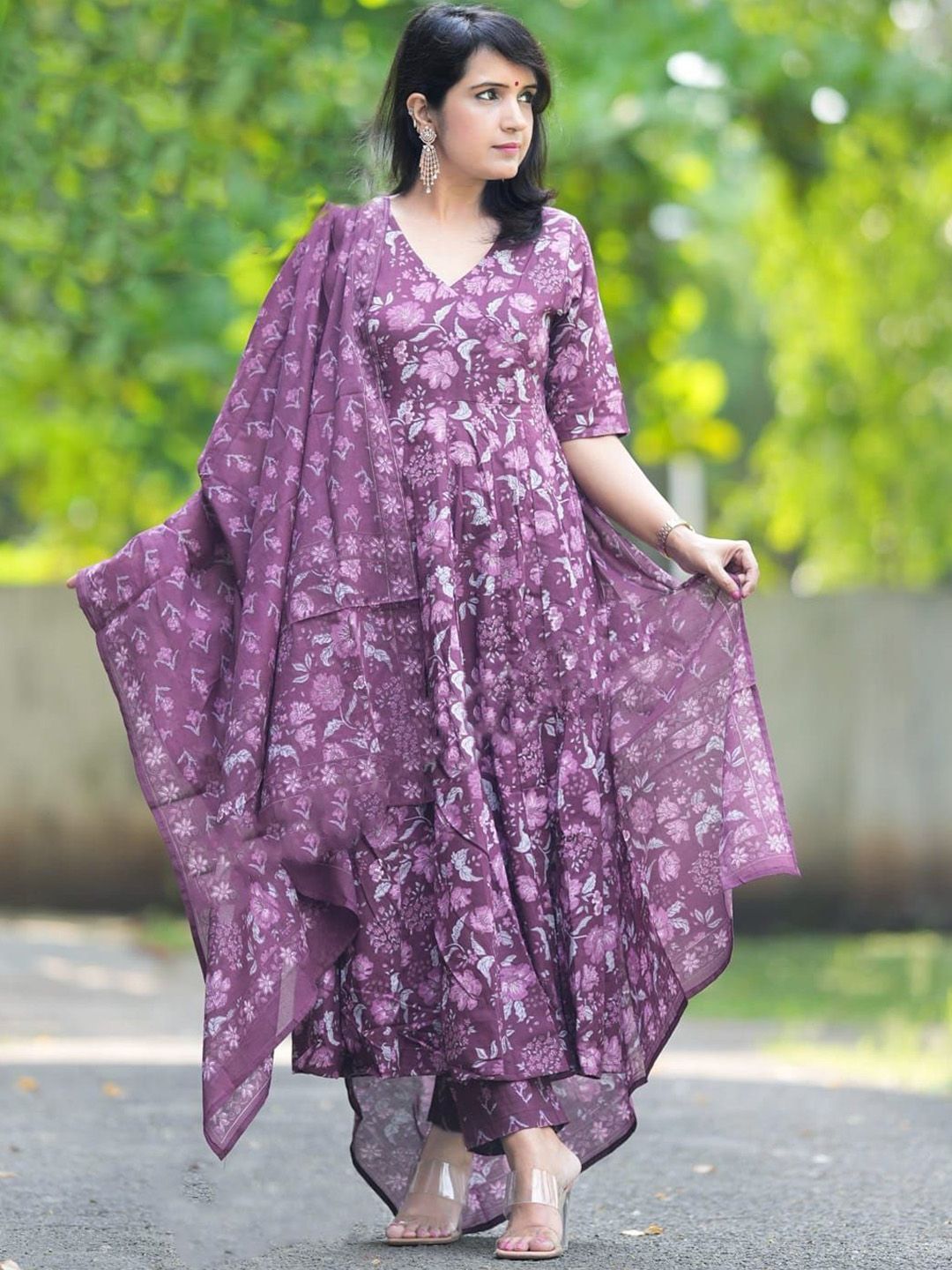 KALINI Floral Printed V-Neck Anarkali Kurta With Trousers And Dupatta