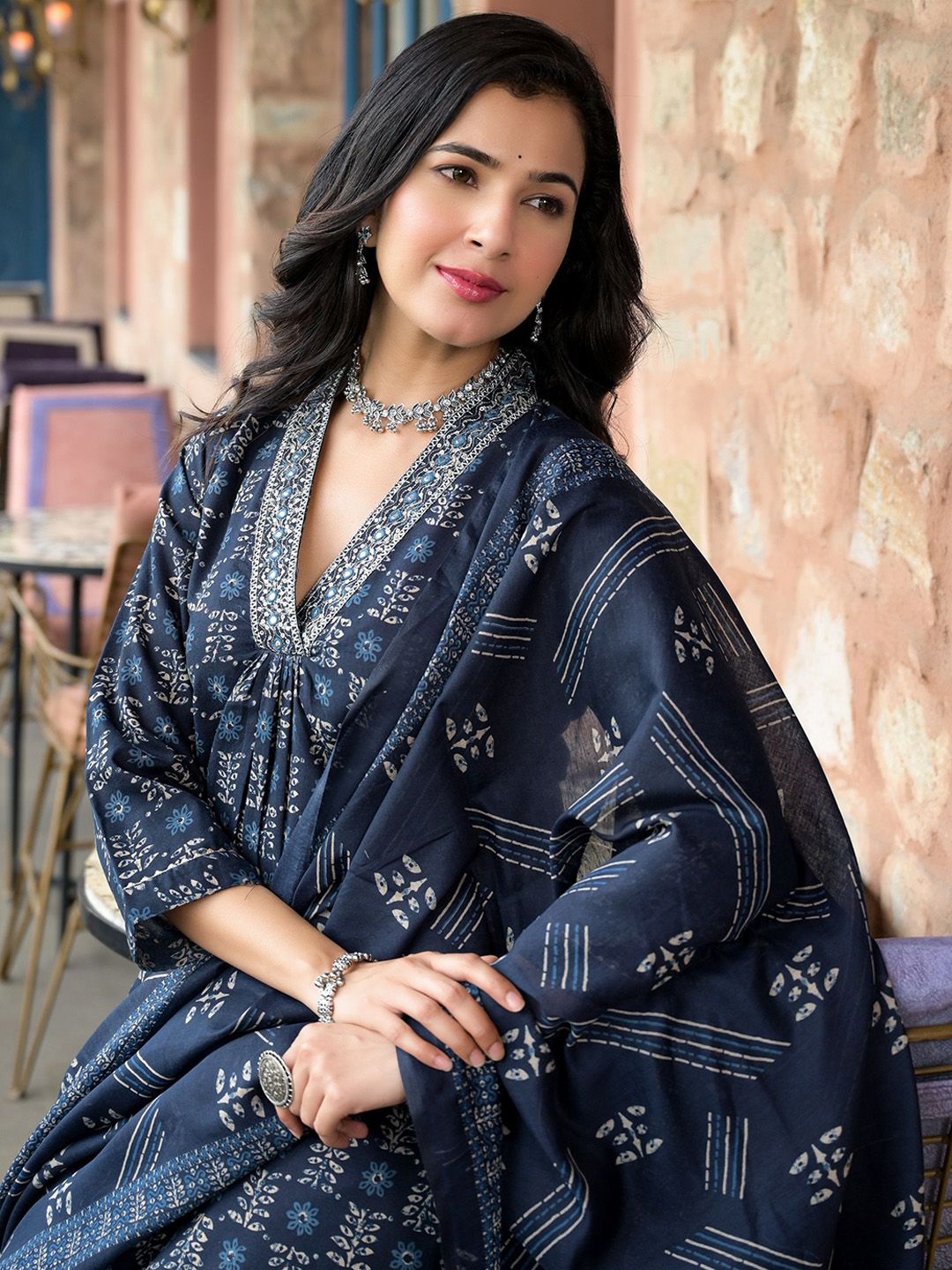 KALINI Floral Printed V-Neck Thread Work A-Line Kurta With Trousers & Dupatta