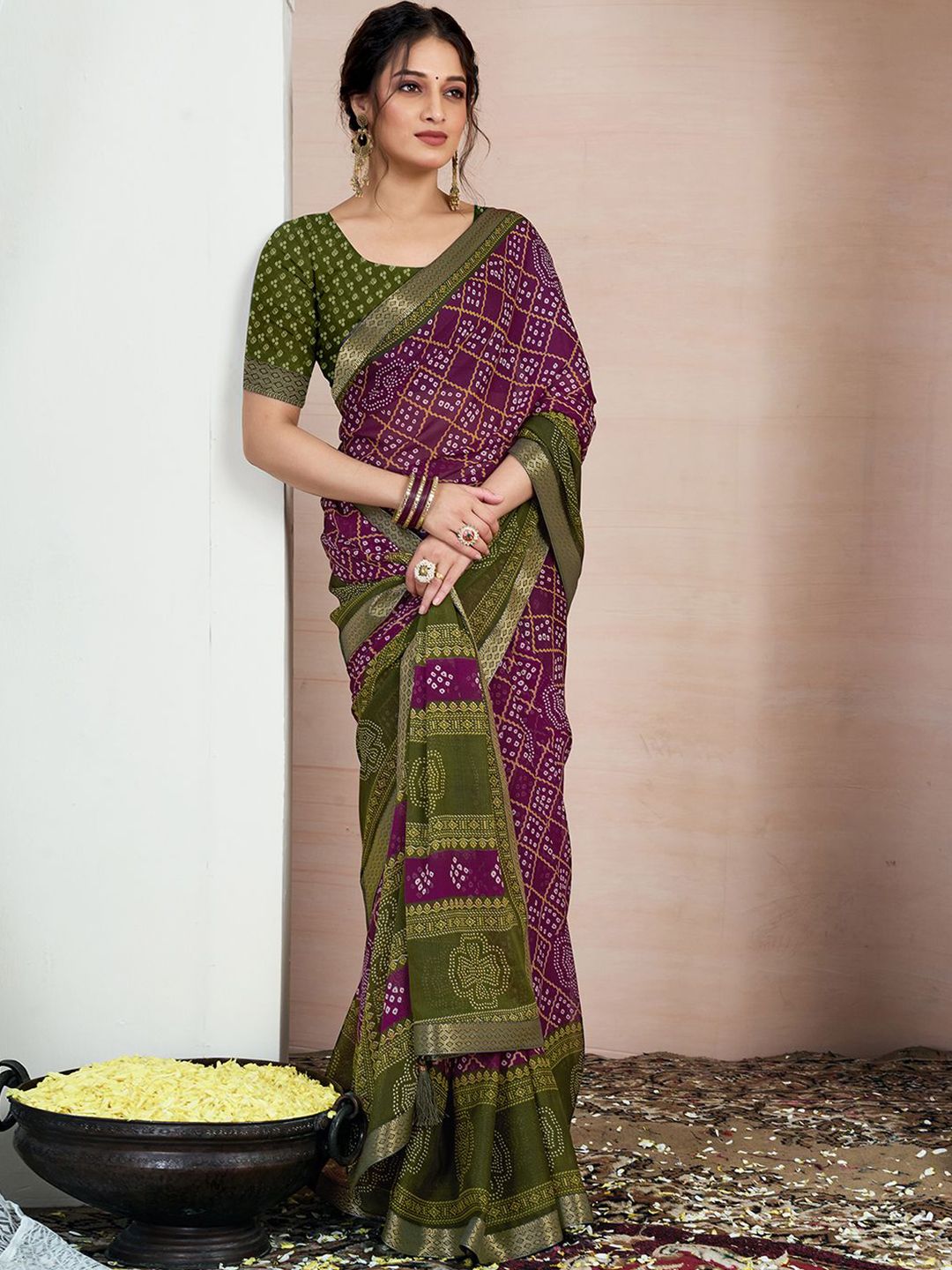 KALINI Bandhani Zari Pure Chiffon Bandhani Saree