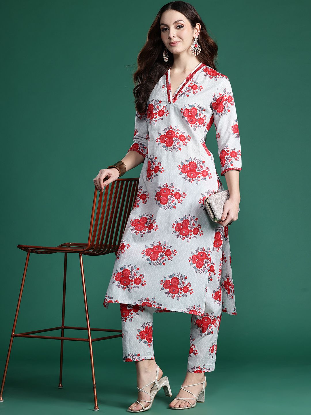 Indo Era Floral Printed Mirror Work Pure Cotton Kurta with Trousers