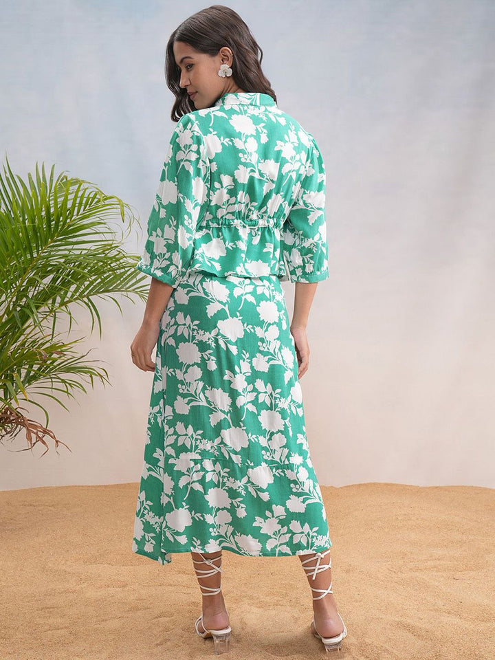 Vishudh Green & White Shirt Collar Printed Top & Skirt