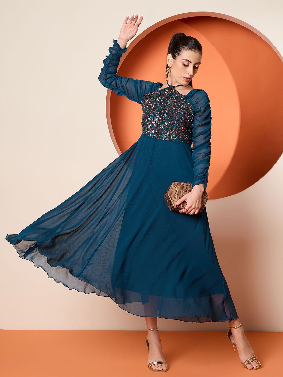 Antheaa Women Halter Neck Sequined Embellished Maxi Dress