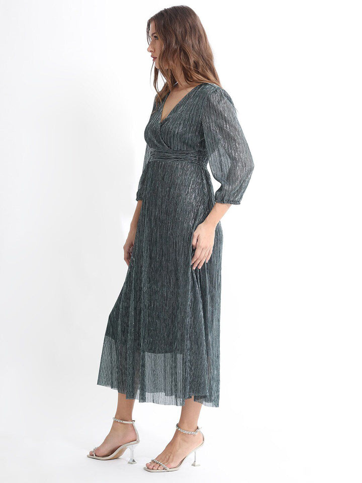 RAREISM Self Design Cuffed Sleeves Fit & Flare Midi Dress