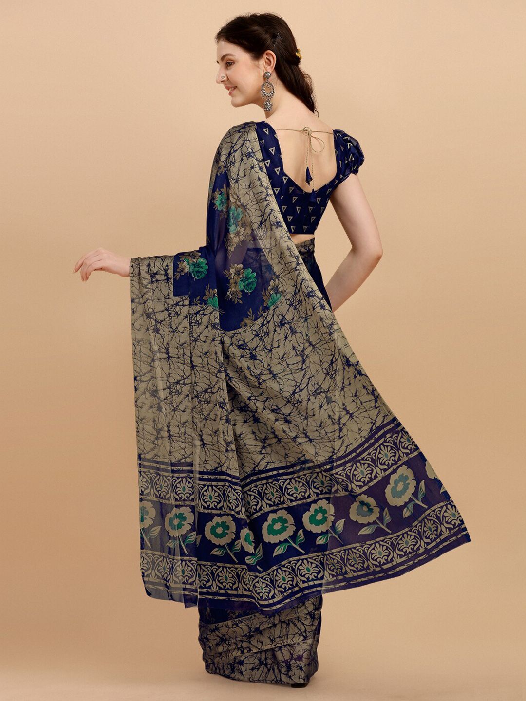 KALINI Navy Blue Floral Printed Saree