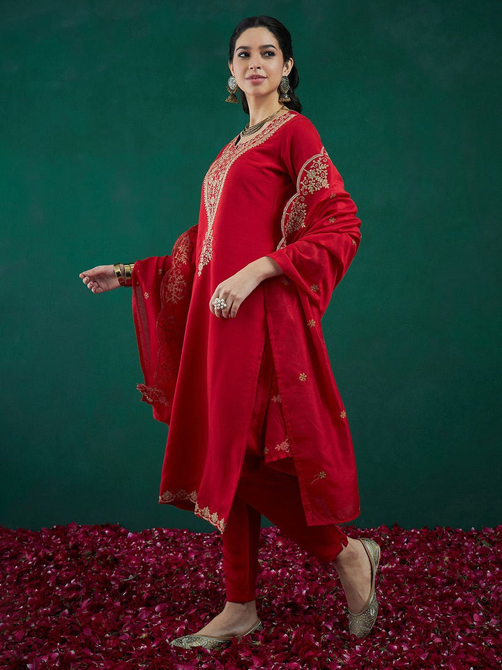 Indo Era Red Ethnic Motifs Embroidered Regular Kurta with Trousers & Dupatta