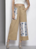 SASSAFRAS Women Khaki Floral Printed Comfort Loose Fit Easy Wash Cotton Parallel Trousers