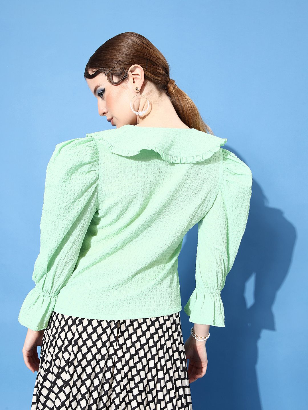 Athena Women Green Seersucker Shirt Style Top