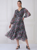 Antheaa Floral Print Chiffon Midi Fit and Flare Dress
