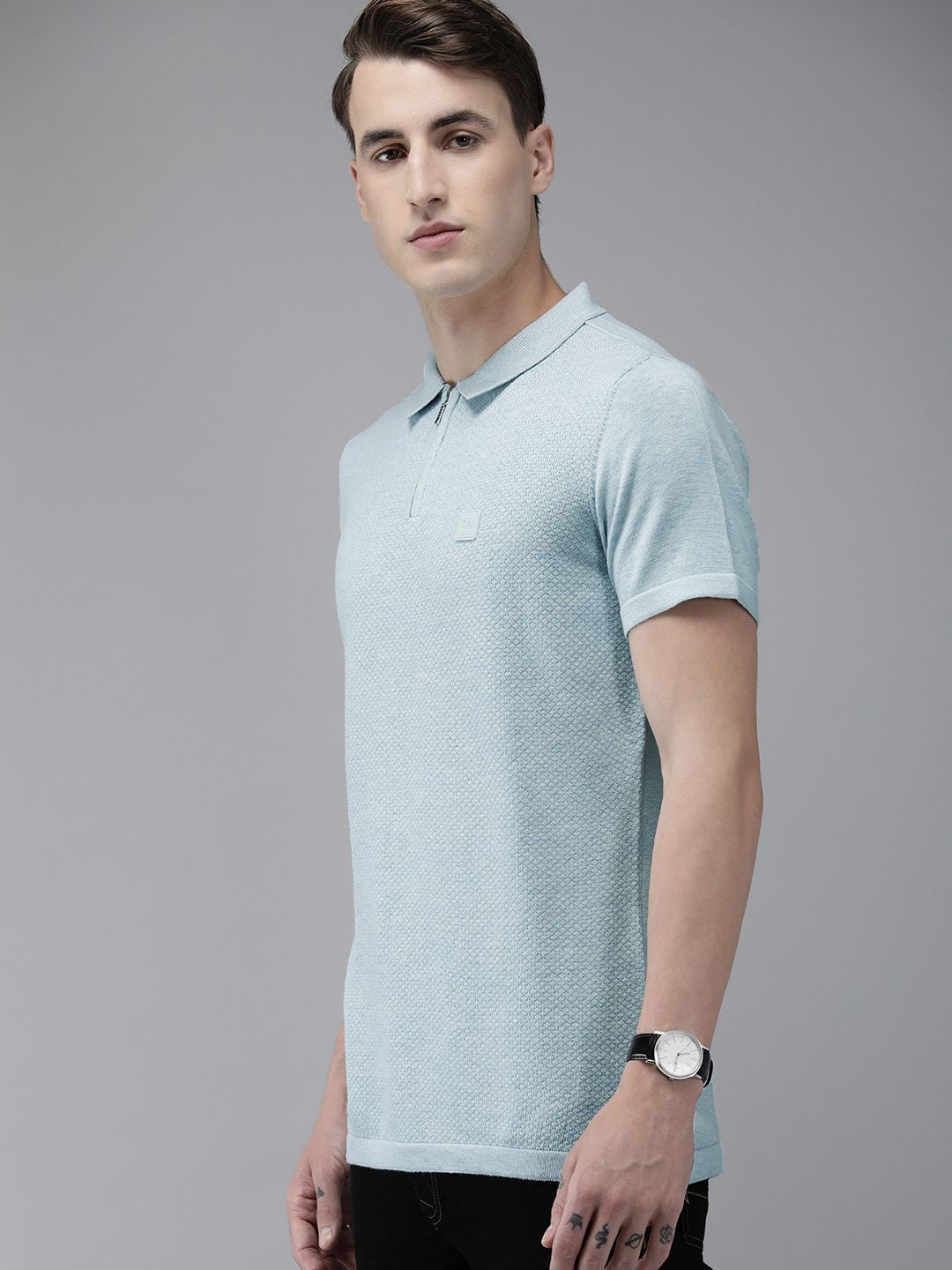 THE BEAR HOUSE Ardor Edition Men Blue Self Design Polo Collar Slim Fit T-shirt