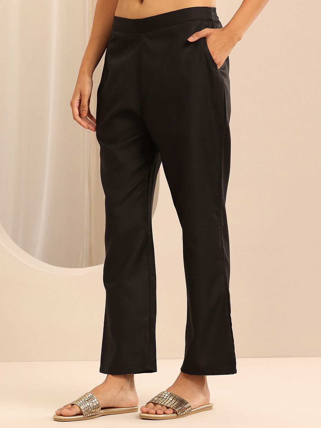 Libas Black Mandarin Collar Straight Kurta with Trousers & With Dupatta