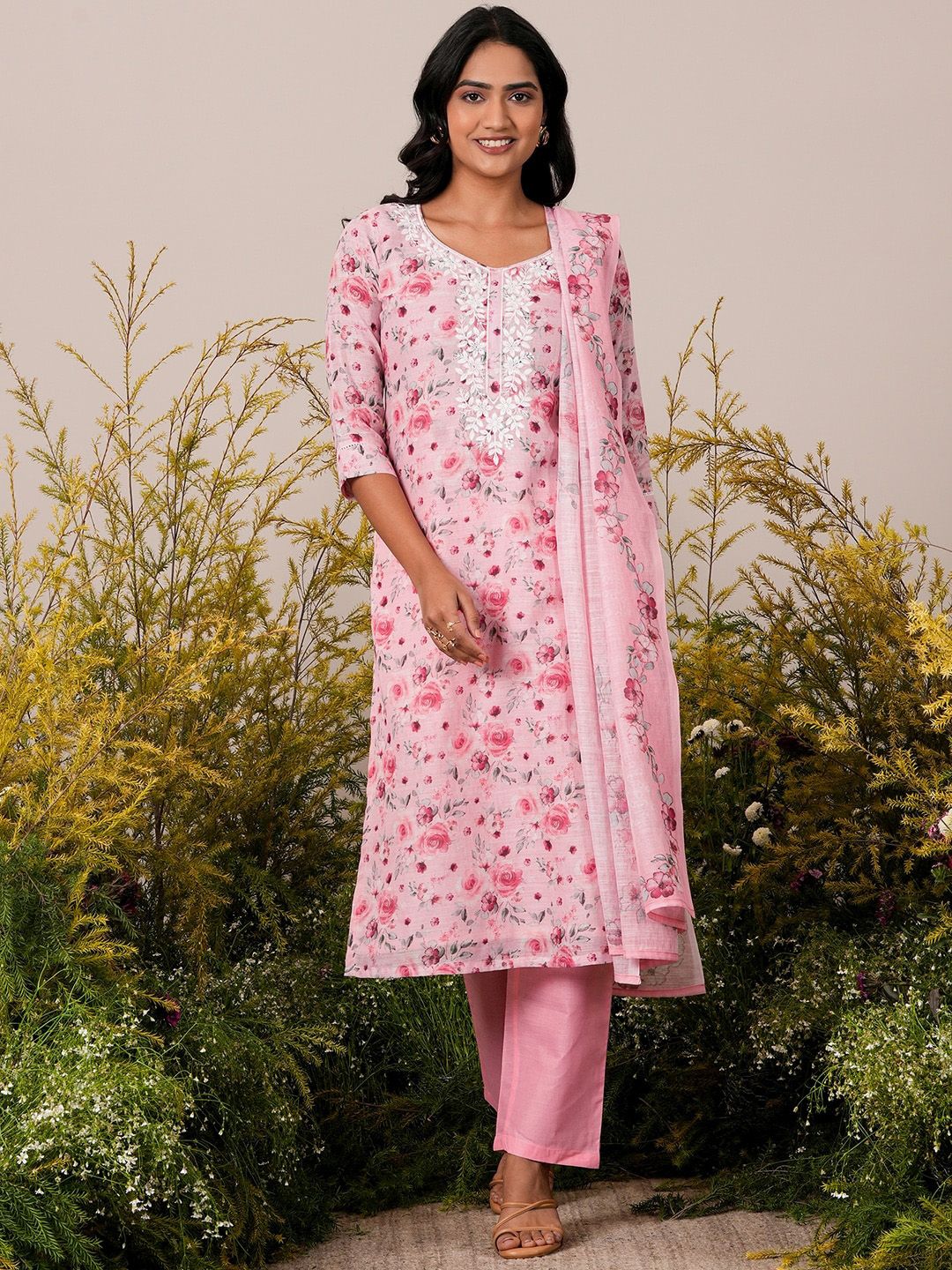 Libas Floral Printed Round Neck Thread Work Linen Kurta with Trousers & With Dupatta