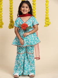 Cutiekins Girls Floral Printed Gotta Patti Kurti With Sharara & Dupatta