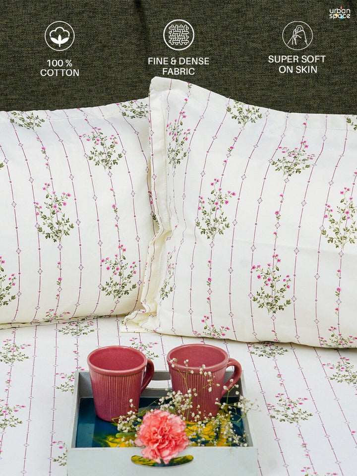 URBAN SPACE Pink & White Floral Printed Cotton 200 TC Single Bedsheet With 2 Pillow Covers