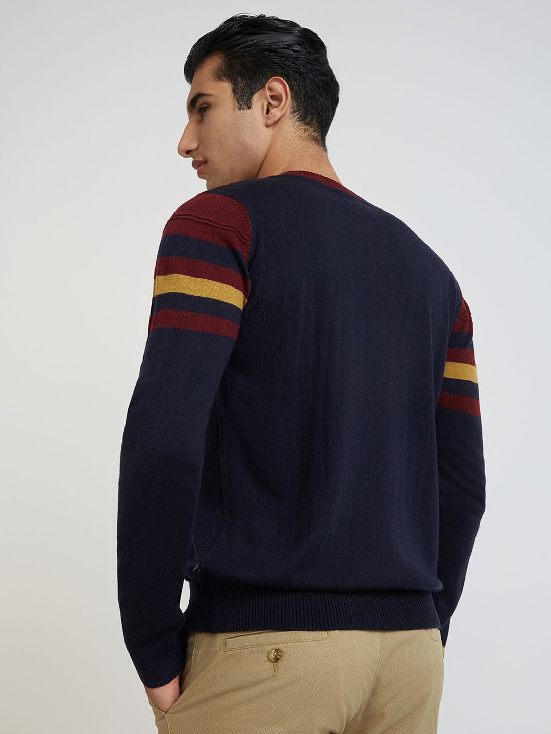 Raymond Men Navy Blue & Burgundy Striped Pullover