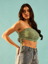 Berrylush Green Floral Printed Strapless Cotton Ruched Tube Pure Cotton Crop Top