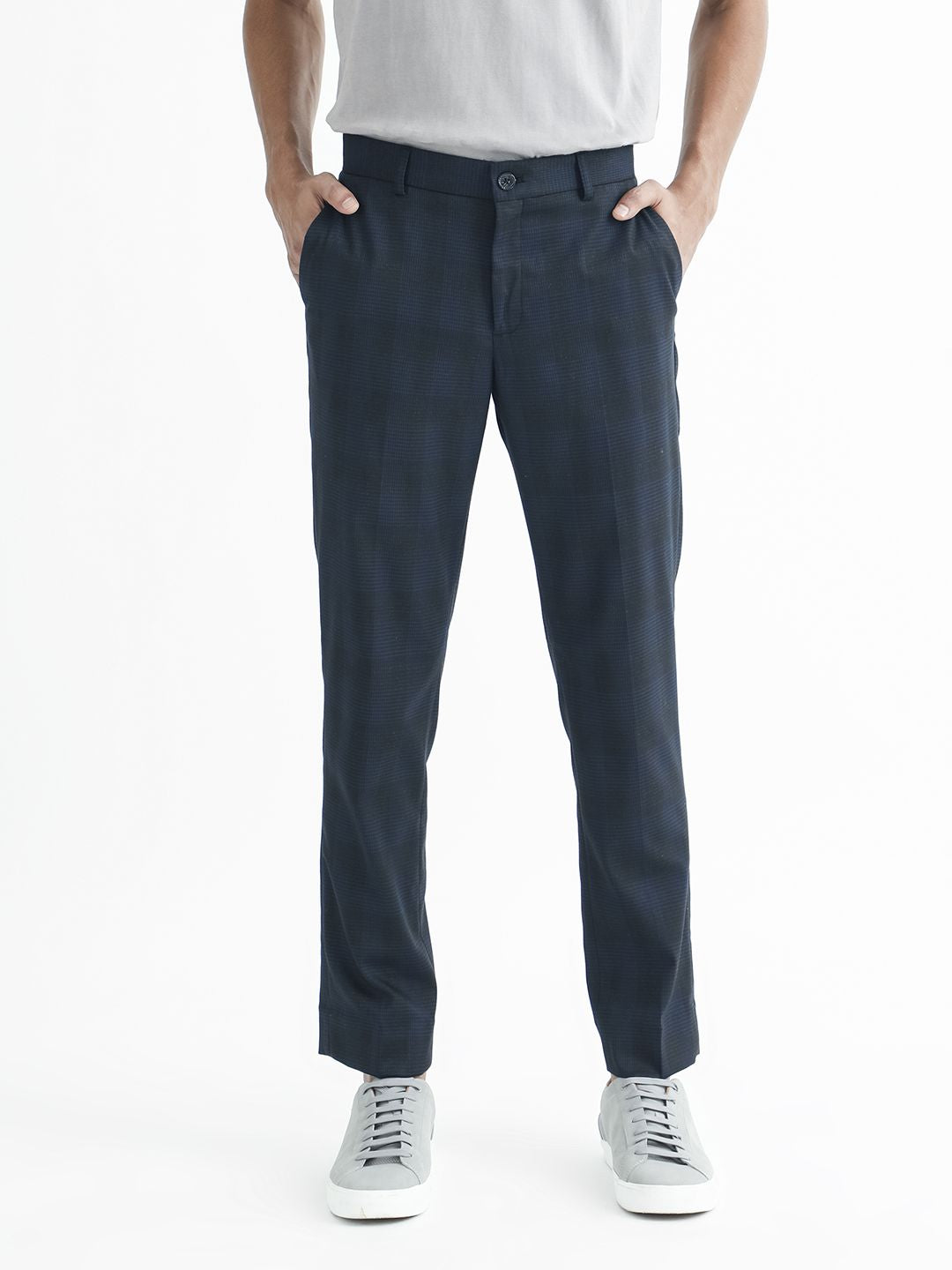 RARE RABBIT Sander Mid-Rise Checked Cotton Slim Fit Trouser