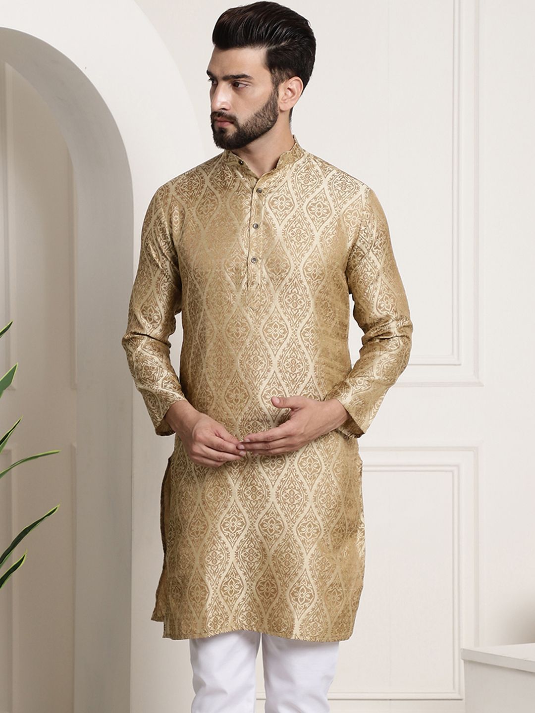 SOJANYA Men Beige Ethnic Motifs Jacquard Kurta