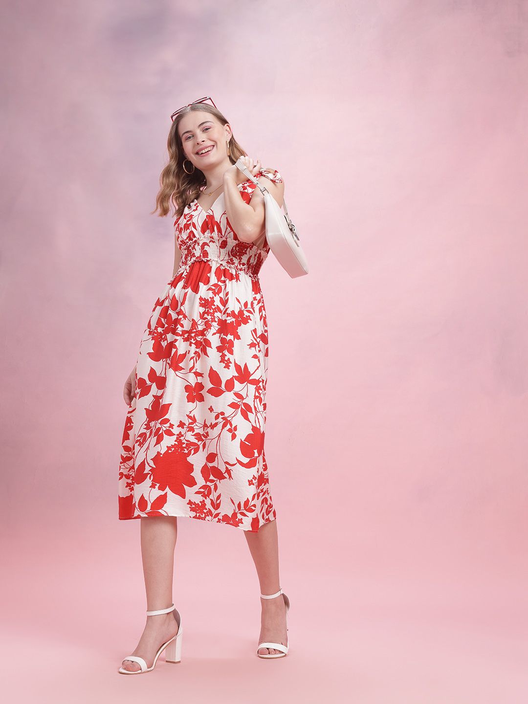 DressBerry Floral Print Smocked Midi A-Line Dress