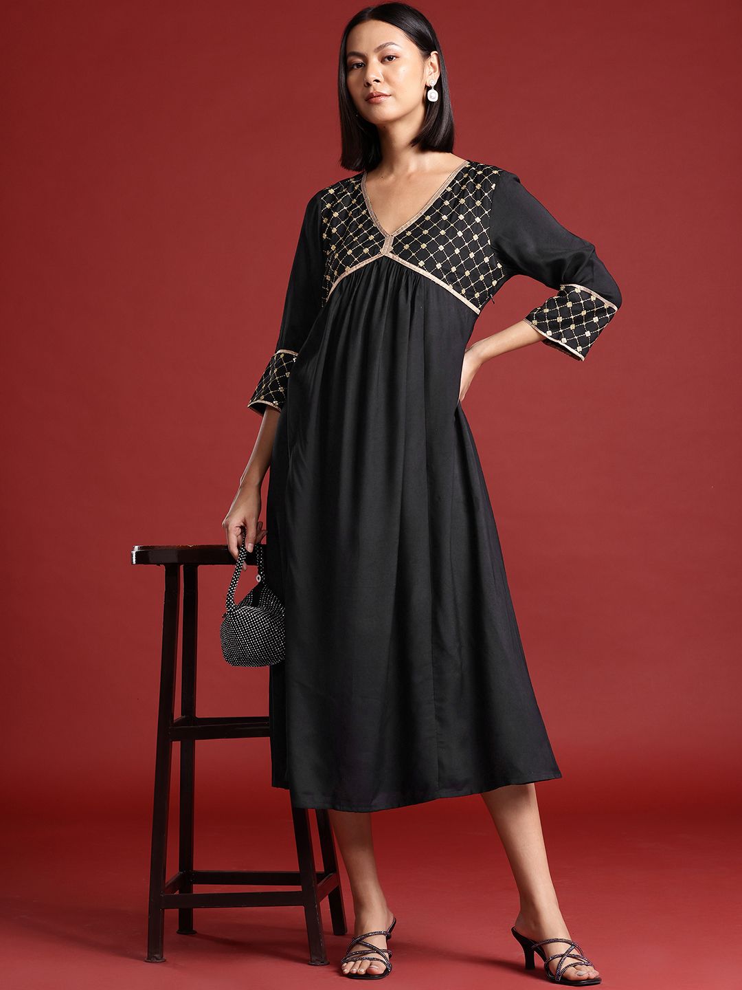 all about you Thread Work & Sequinned Yoke Design Empire Ethnic Dress