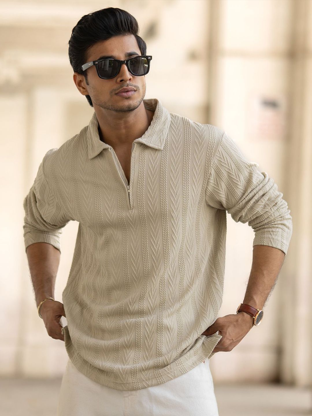 Powerlook Men Self Design Polo Collar Relaxed Fit T-shirt