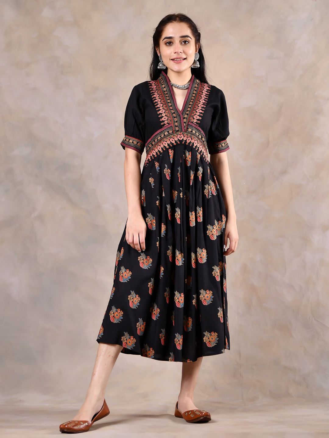 Rustorange Floral A-Line Midi Rayon Dress