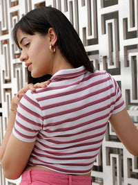 STREET 9 Pink & White Striped Polo Collar Crop Pure Cotton T-shirt
