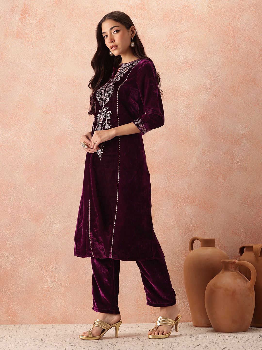 all about you Velvet Finish Floral Embroidered Gotta Patti Kurta with Trousers