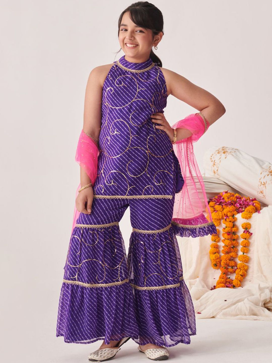 pspeaches Girls Floral Printed Angrakha Kurta with Sharara & With Dupatta