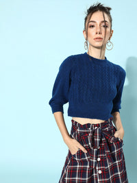 STREET 9 Women Blue Cable Knit Acrylic Crop Pullover