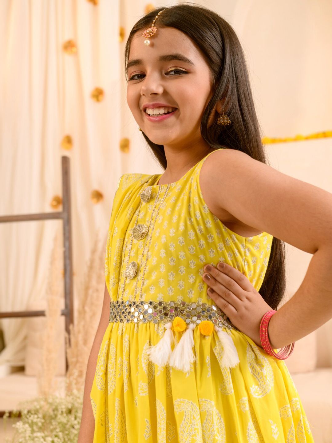 pspeaches Girls Ethnic Motifs Printed Fit & Flare Maxi Ethnic Dress with Dupatta & Belt