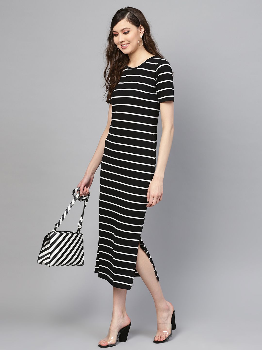 SASSAFRAS Black & White Striped T-shirt Dress