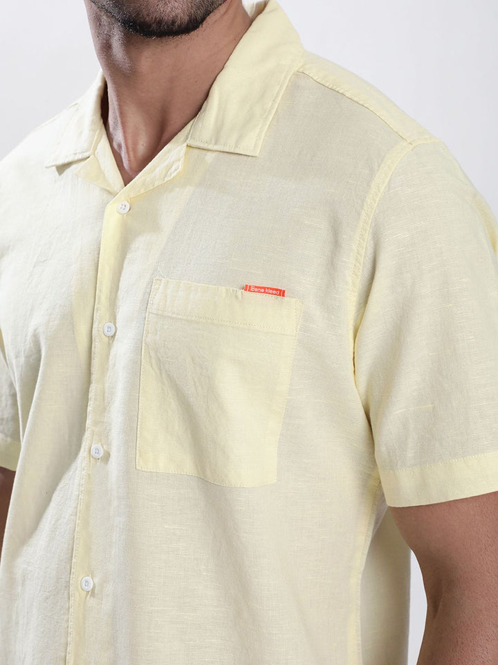 Bene Kleed Men Cuban Collar Cotton Linen Casual Shirt