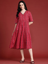 Anouk Floral Print Pleated  Pure Cotton Tiered Ethnic Dress