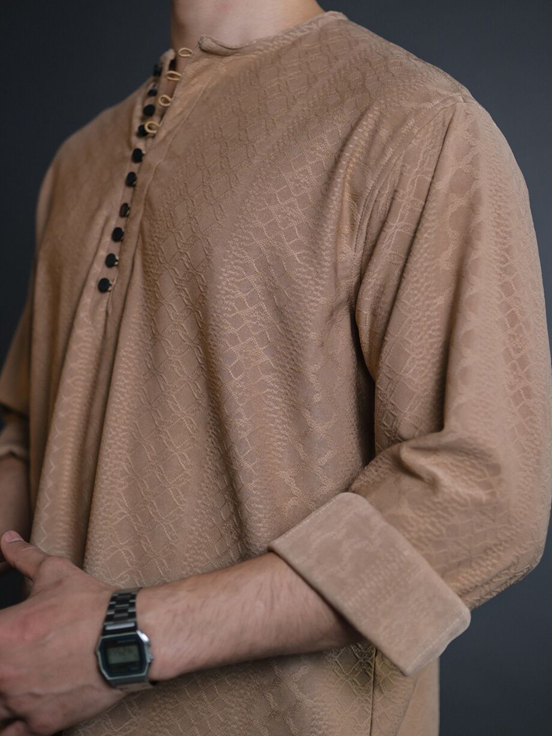 Powerlook Brown Self Design Half Placket Casual Shirt