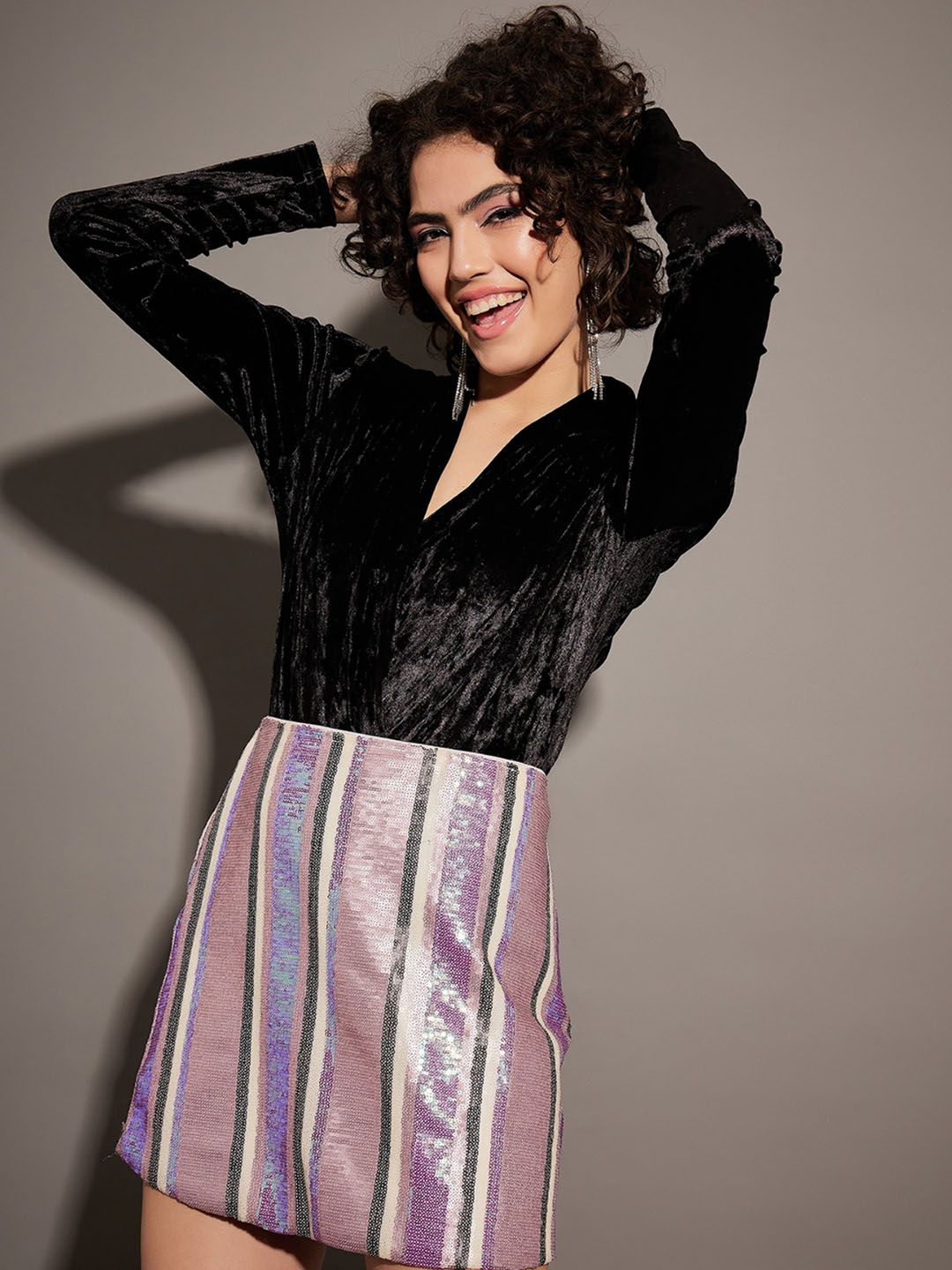 SASSAFRAS Self Design Velvet V-Neck Wrap Bodysuit