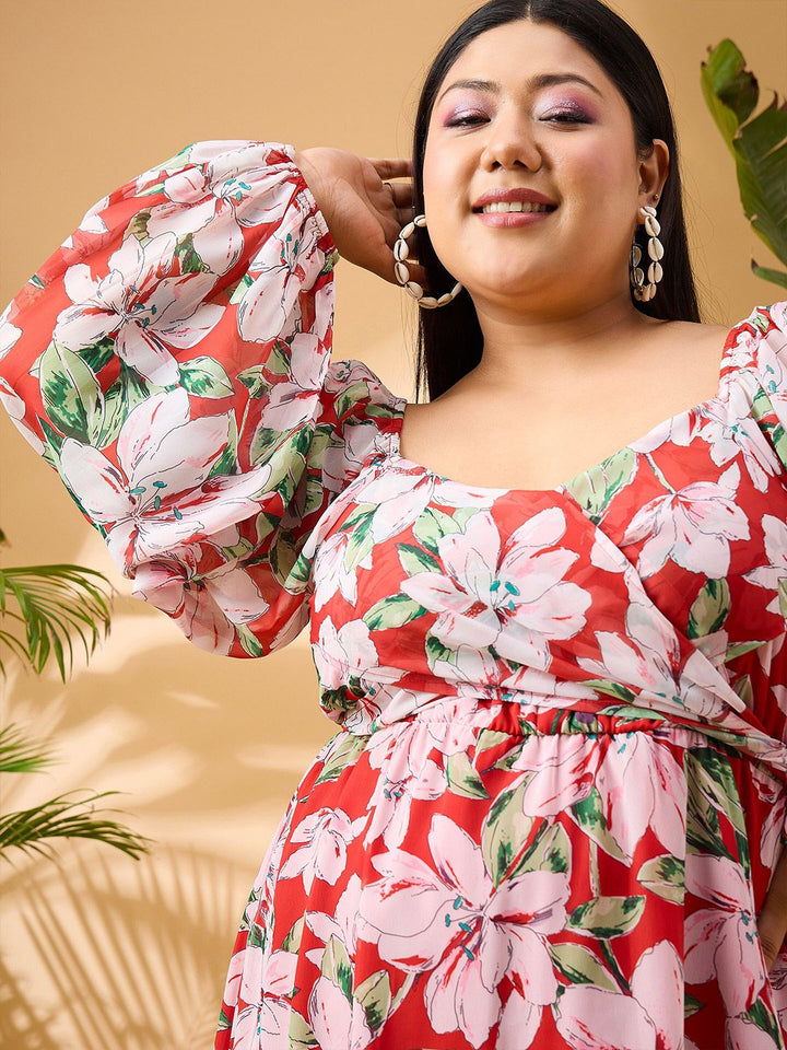 SASSAFRAS Curve Plus Size Floral Printed Fit & Flare Dress