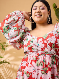 SASSAFRAS Curve Plus Size Floral Printed Fit & Flare Dress