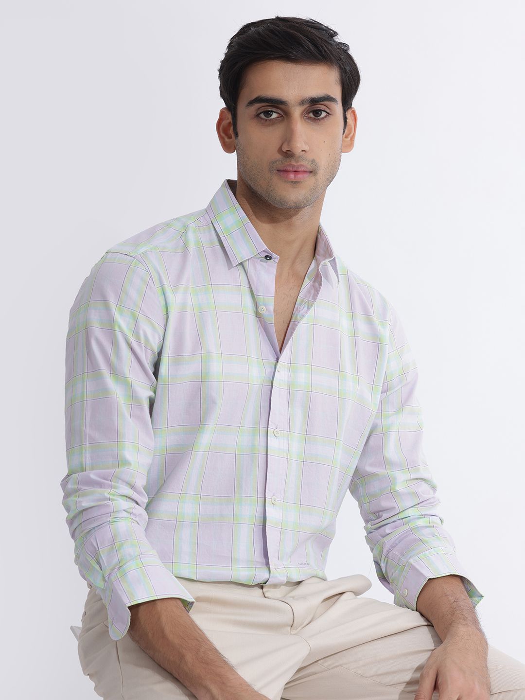 RARE RABBIT Men Lavender Custom Slim Fit Checked Casual Shirt