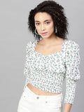 STREET 9 White Printed Sweetheart Neck Puff Sleeves Crepe Top