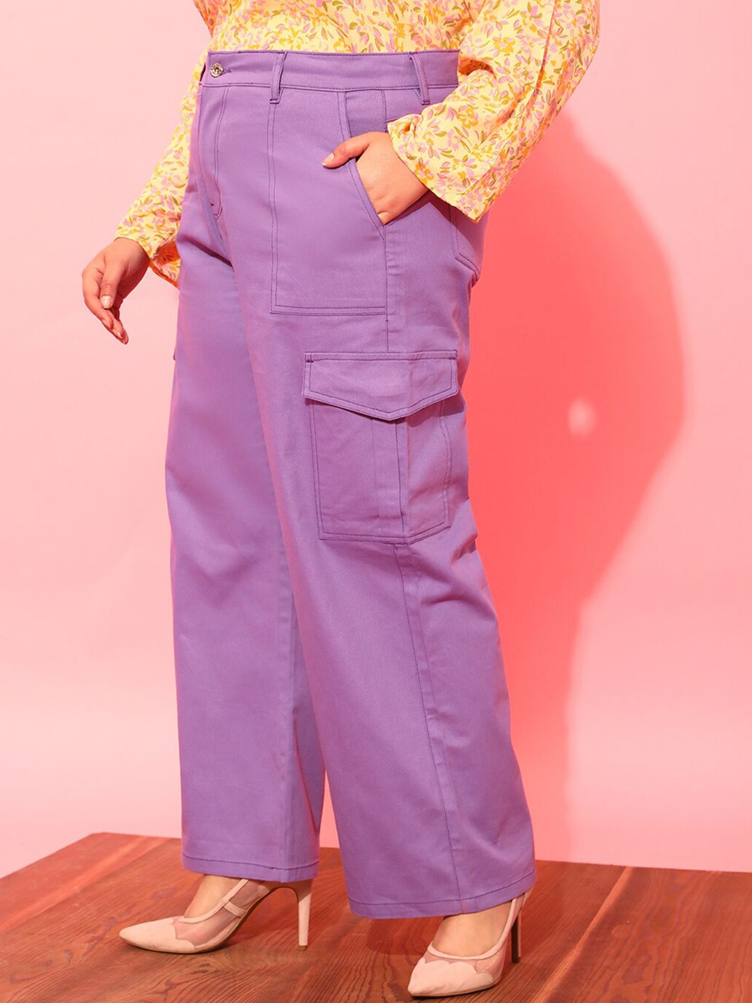 CURVY STREET Women Plus Size Lavender Relaxed Straight Leg Pure Cotton Trousers