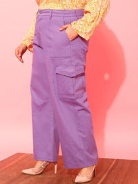 CURVY STREET Women Plus Size Lavender Relaxed Straight Leg Pure Cotton Trousers