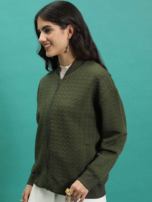 Tokyo Talkies Green Self Design Stand Collar Bomber Jacket