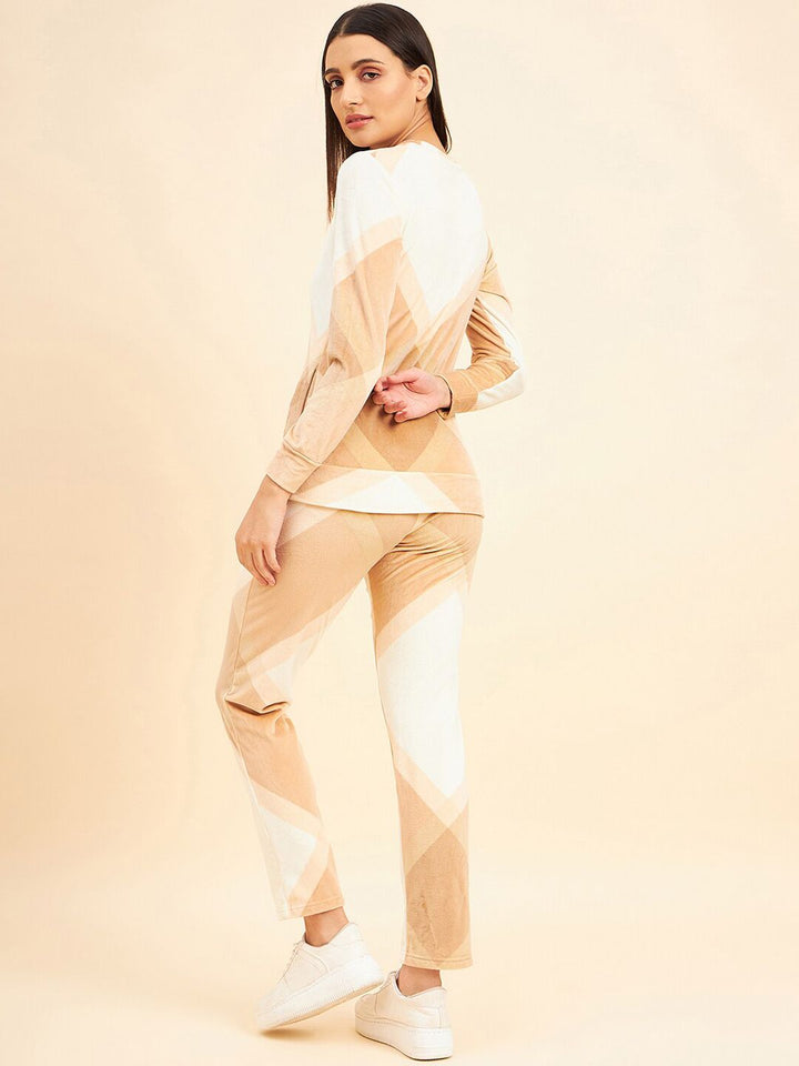 Sweet Dreams Beige & White Colourblocked Mid-Rise Tracksuits