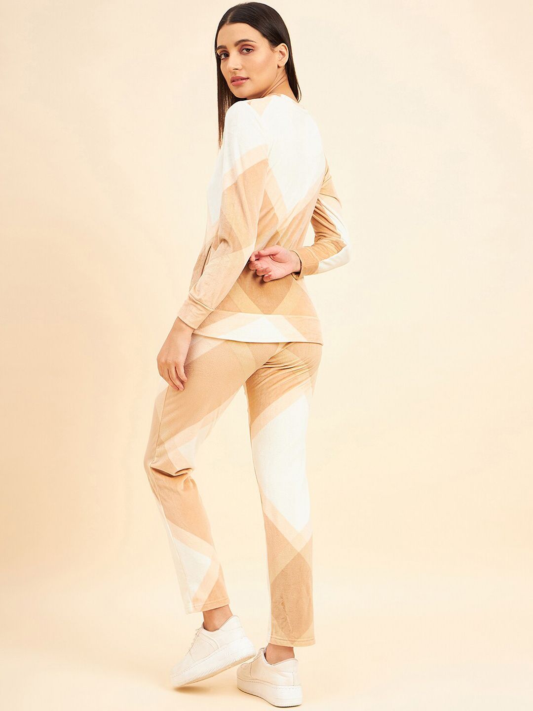 Sweet Dreams Beige & White Colourblocked Mid-Rise Tracksuits