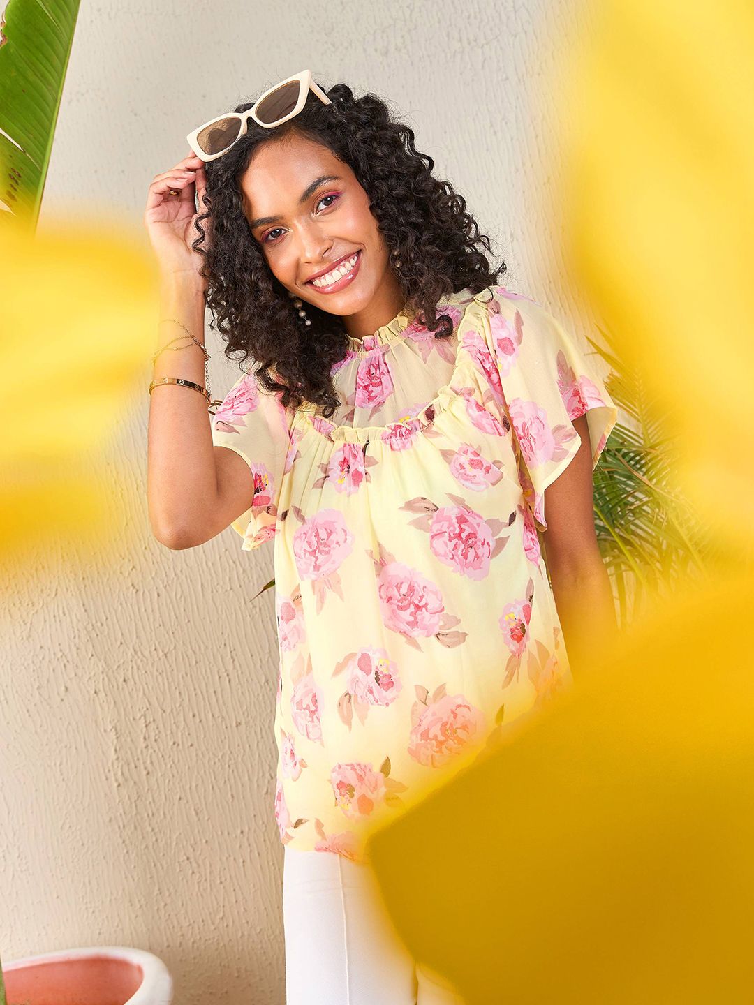 SASSAFRAS Yellow Floral Printed High Neck Flutter Sleeve Georgette Top