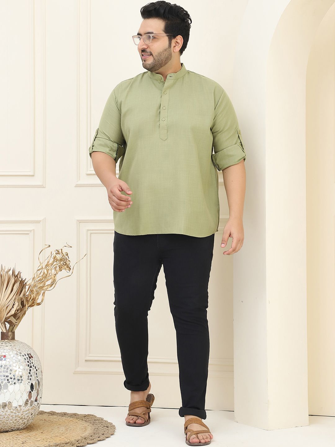 SOJANYA PLUS Size Lelaki Hijau Solid Pastel Kurta Kapas Tulen