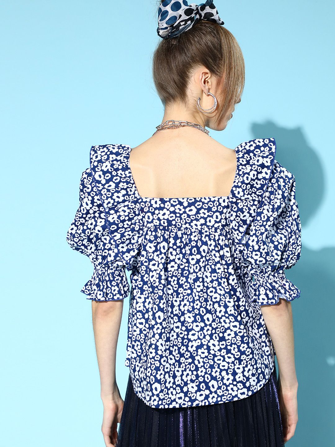 Antheaa Women Stunning Blue Floral Ruffled Top