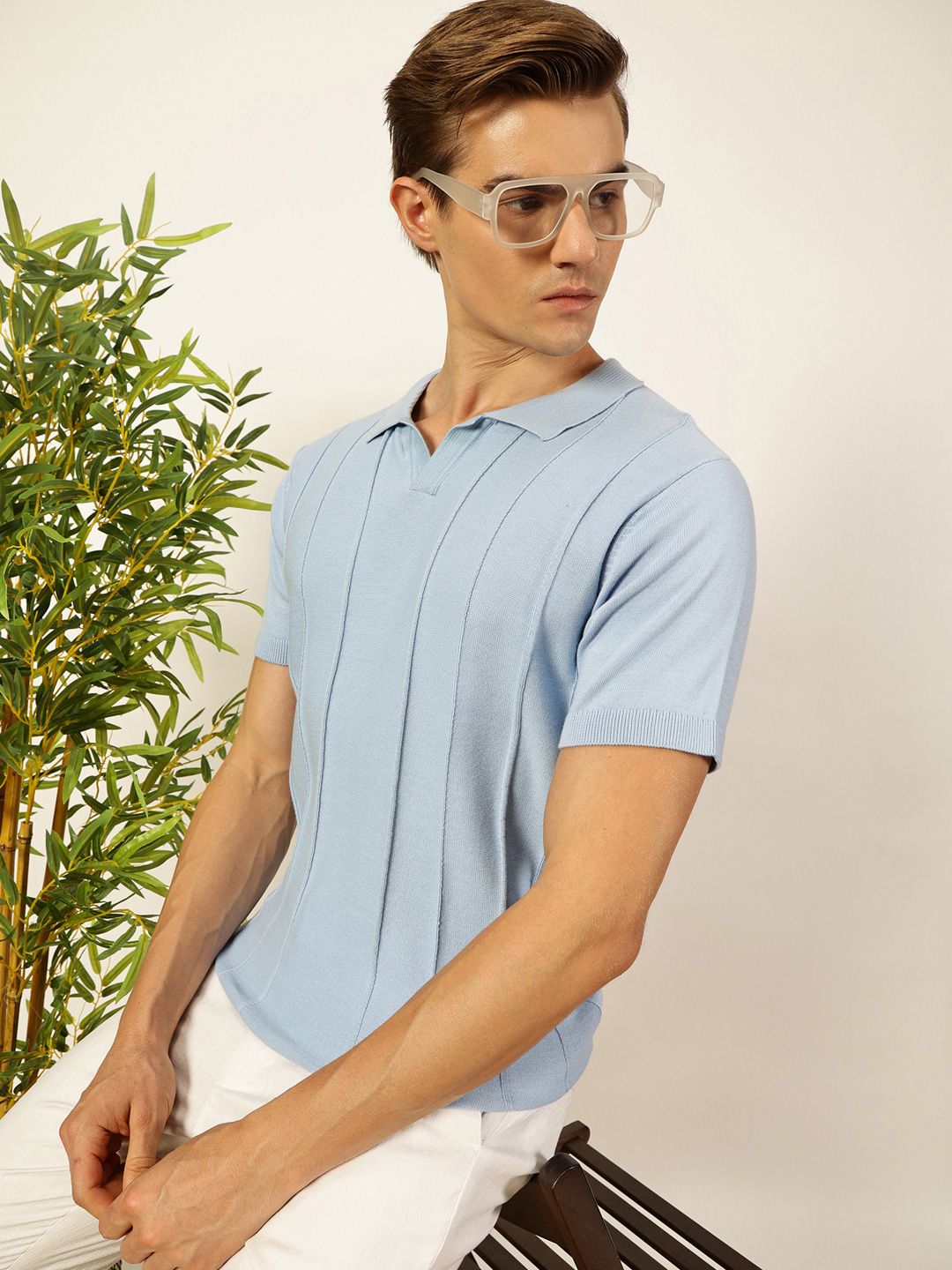 Thomas Scott Men Knit Striped Polo Collar T-shirt