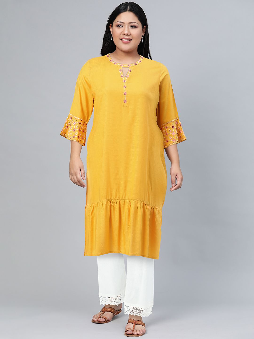 Global Desi Women Mustard Yellow Embroidered Keyhole Neck Bell Sleeves Thread Work Kurta