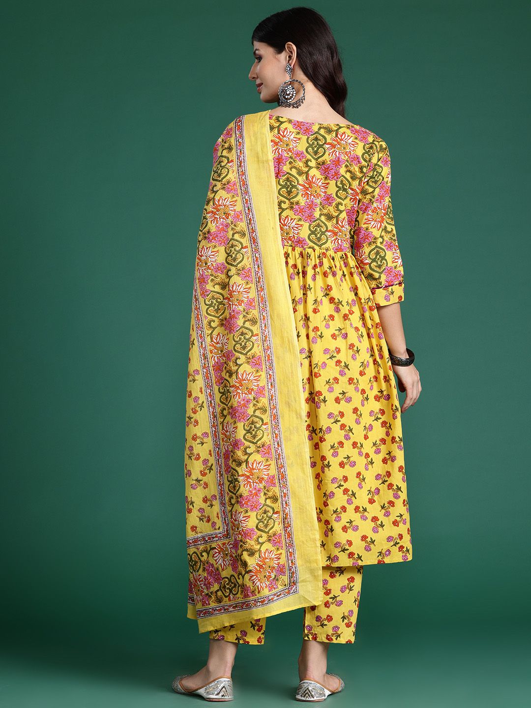 Indo Era Floral Printed Empire Gotta Patti Pure Cotton Kurta With Trousers & Dupatta